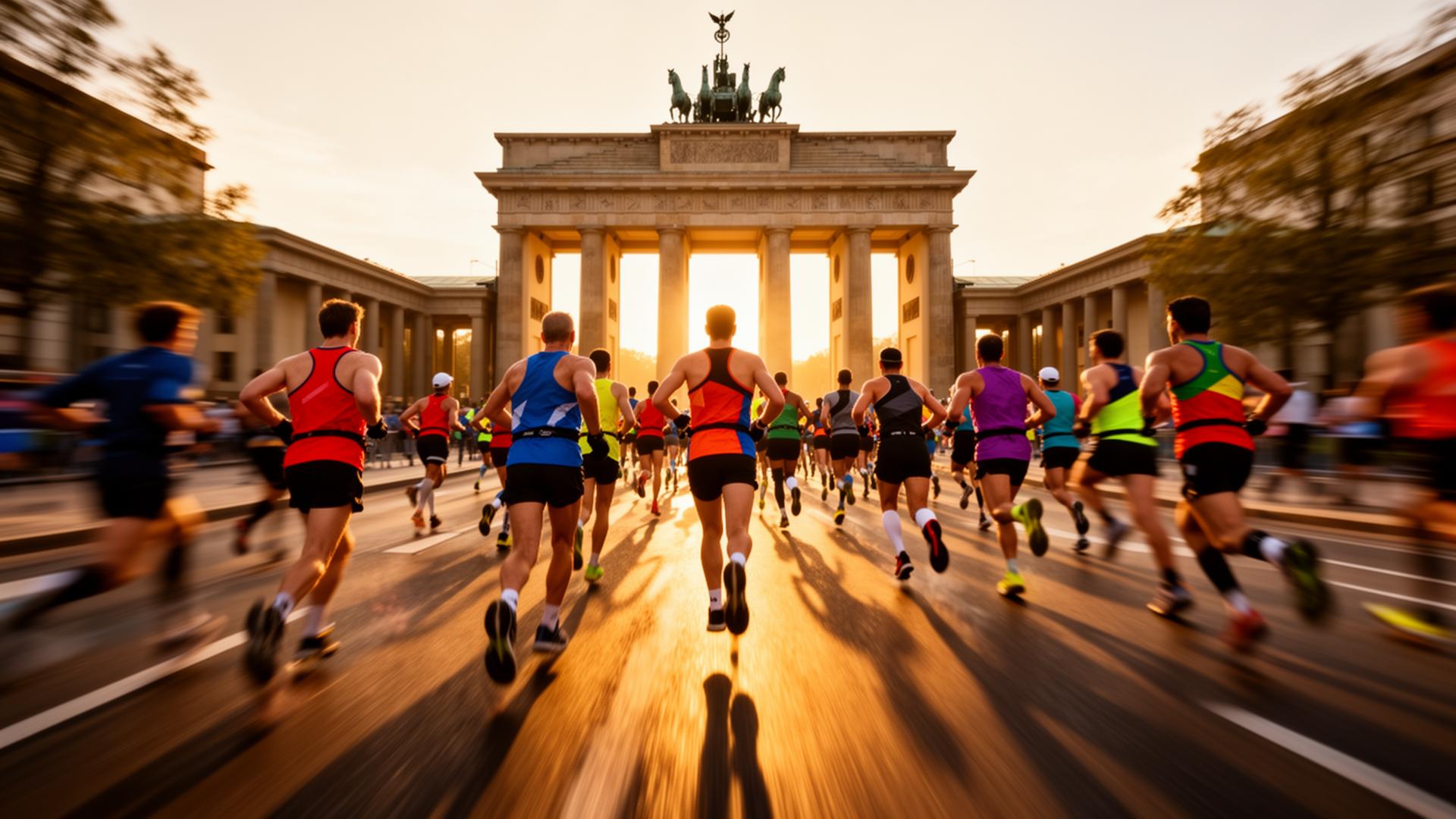Marathon runners racing through Brandenburg Gate in Berlin